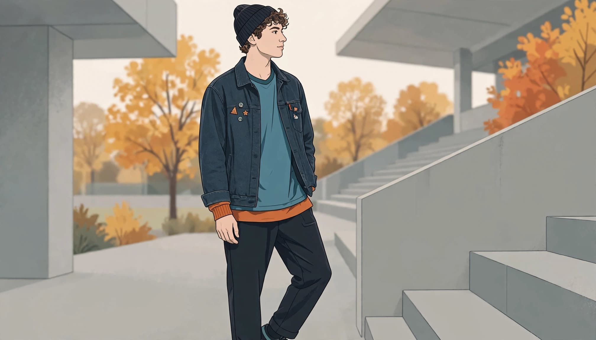 A young adult layers a team jersey with a denim jacket at an outdoor stadium.