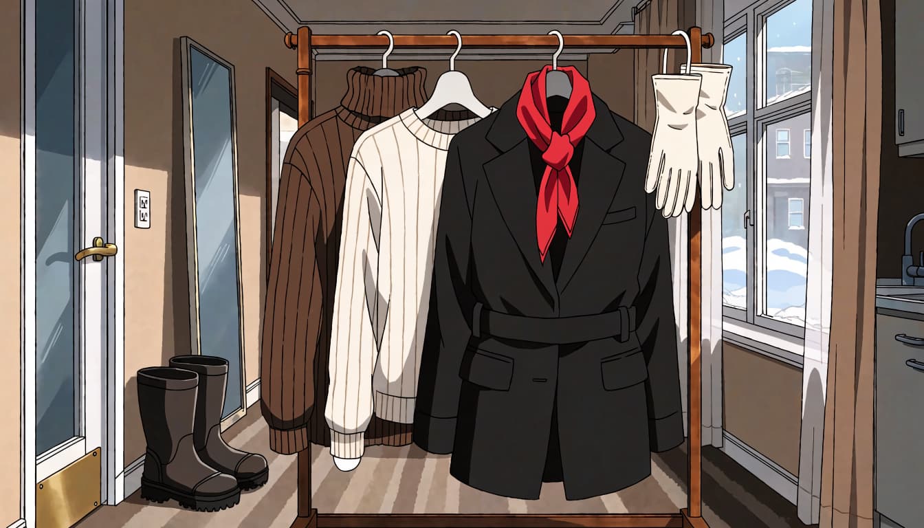 A coat, sweater, scarf, gloves, and boots fill a snowy apartment entryway.