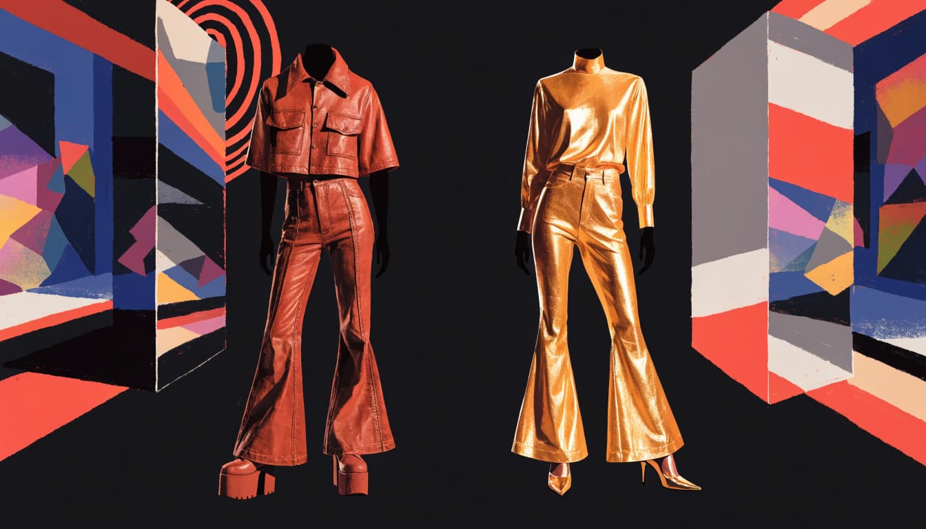 Two mannequins display rust-colored leather-look clothes and a shiny gold outfit.