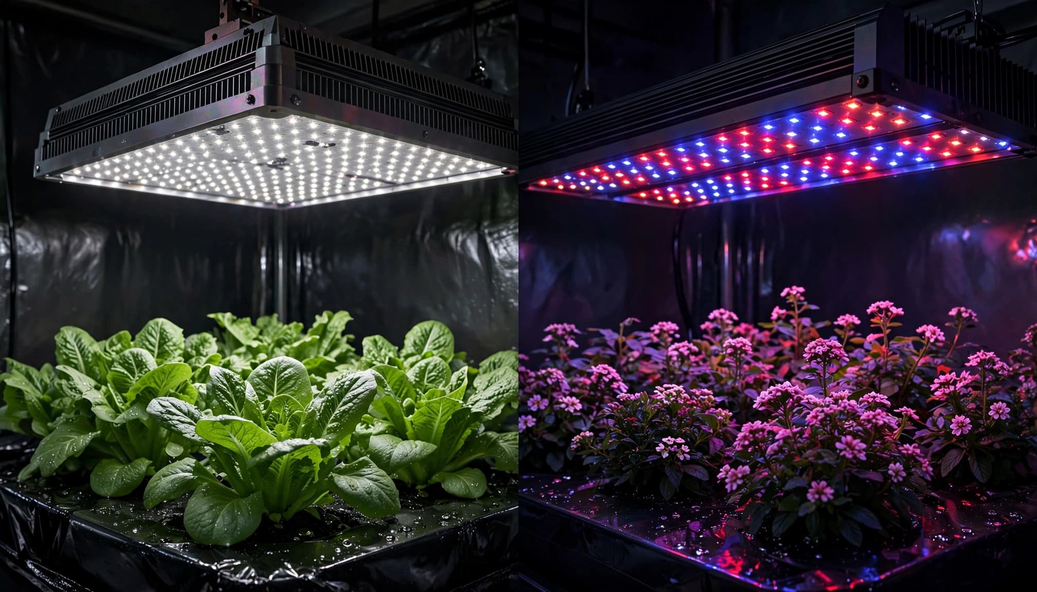 Two LED grow fixtures illuminate leafy greens and flowering plants in a dark indoor grow room.