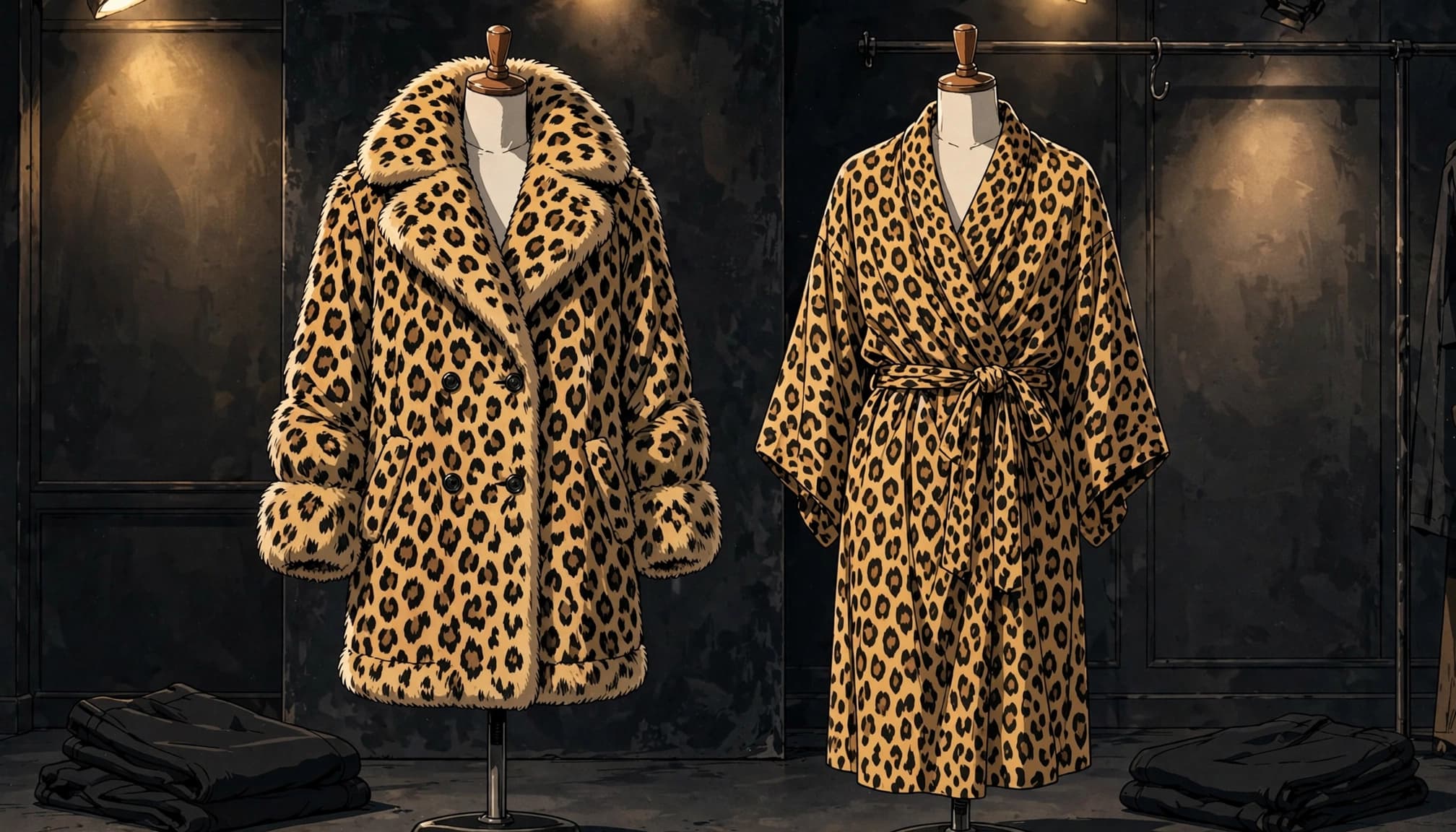 Two headless mannequins display leopard-print outerwear in an anime style studio.