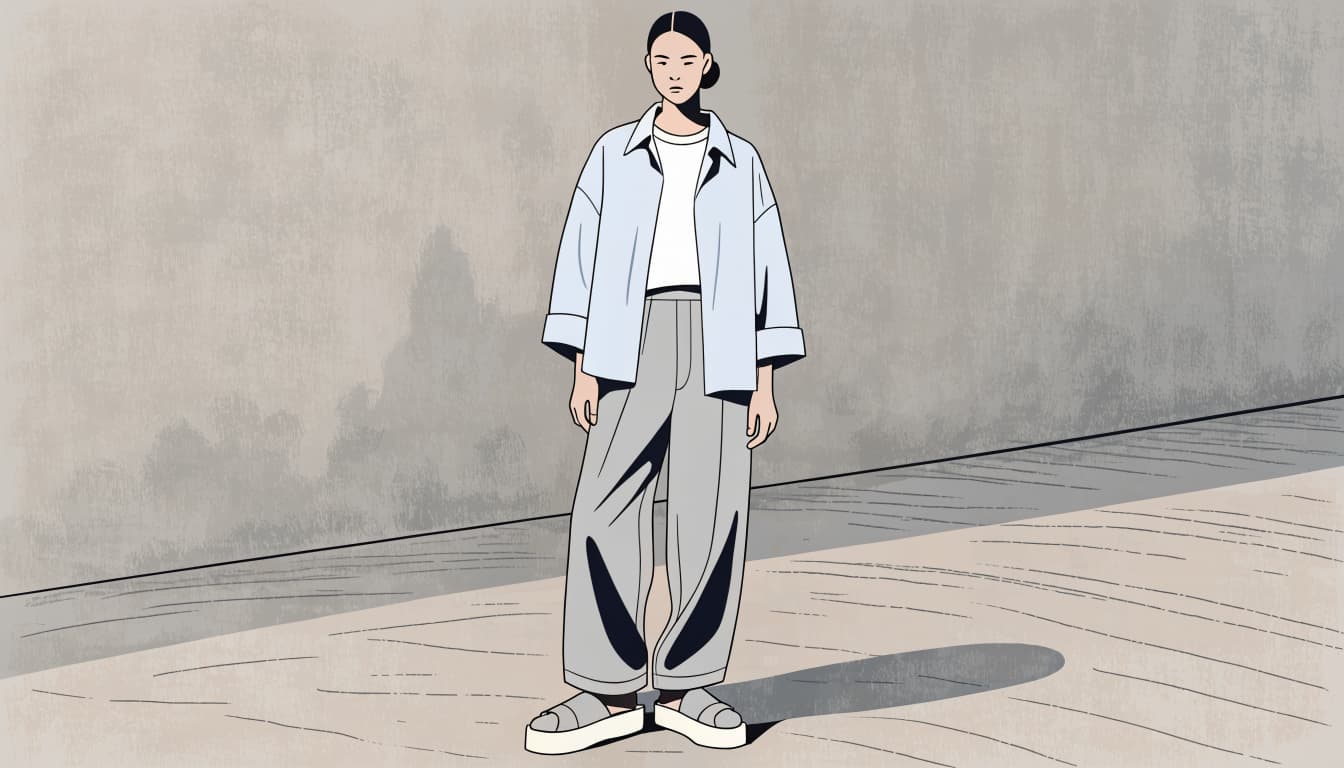 A person in gray trousers, a white tee, and a pale blue overshirt.