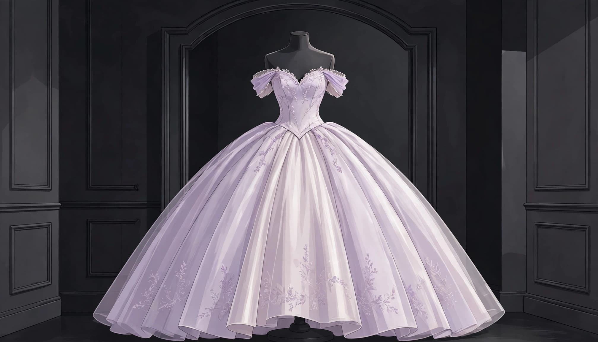 A pearl lilac ball gown on a dress form in front of an arched mirror.
