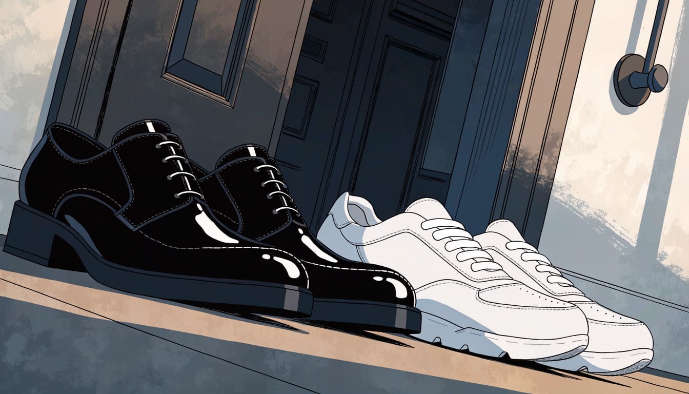 Polished loafers and simple sneakers sit by a home doorway.