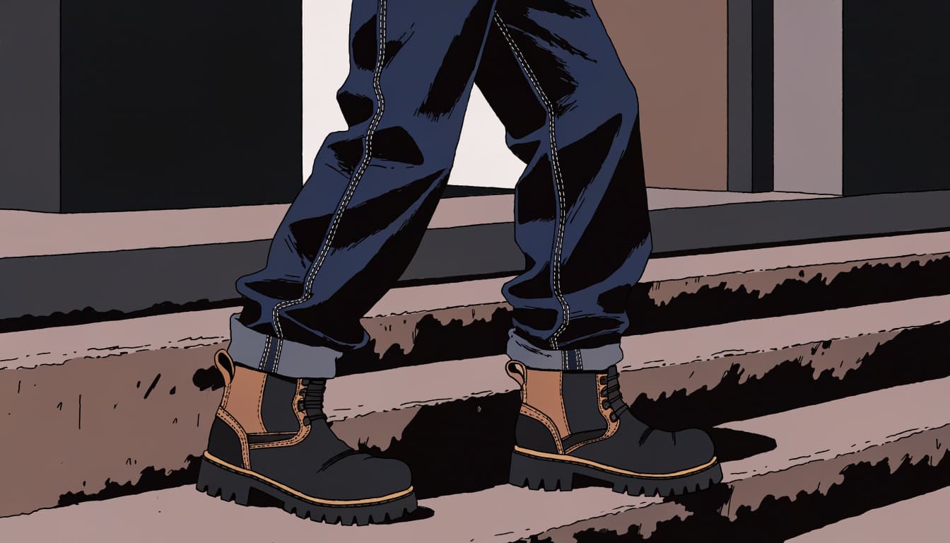 Cuffed dark jeans and logger boots on concrete steps.
