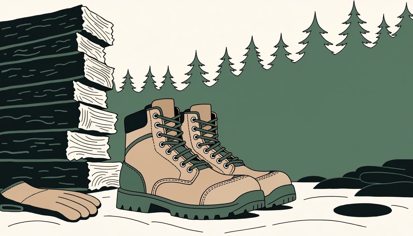 Rugged work boots stand beside cut timber and a folded glove at a forest edge.