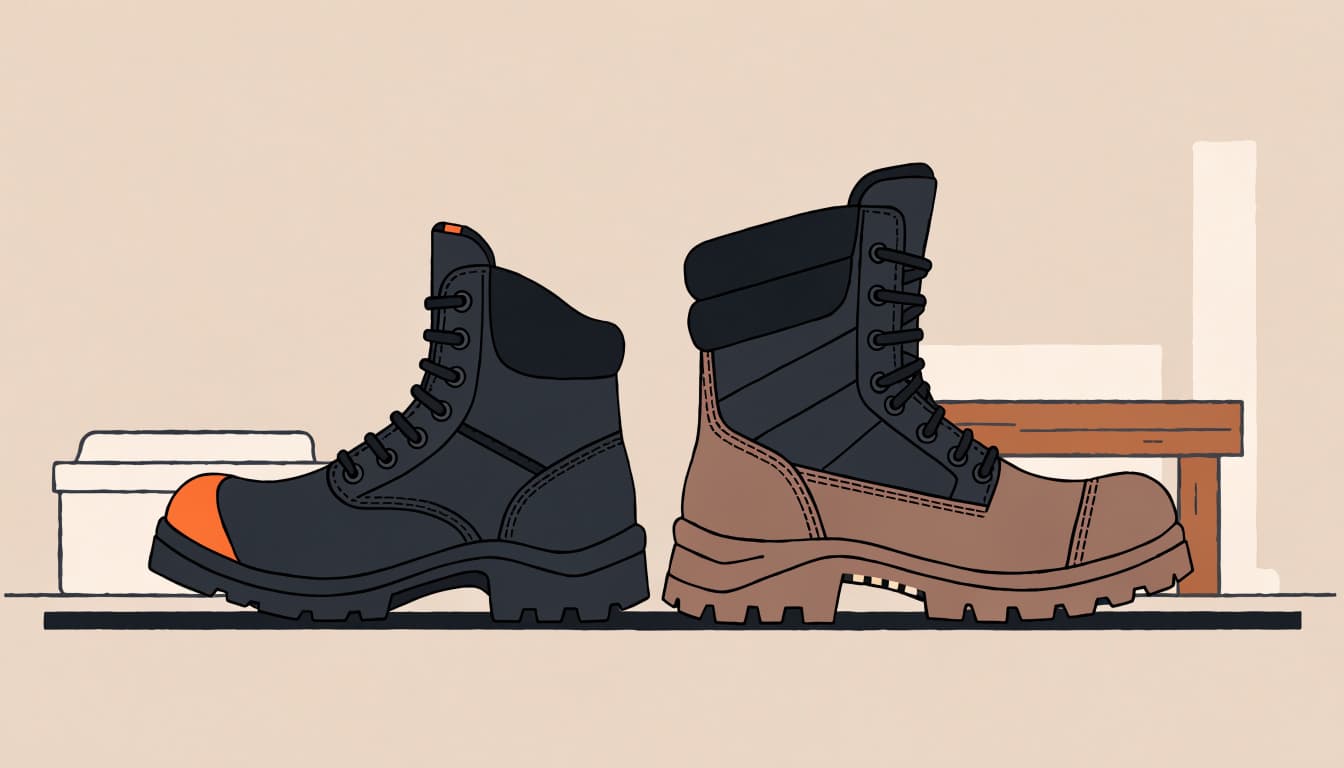 Two work boots sit side by side, one with a toe cap and one with a tall insulated shaft.