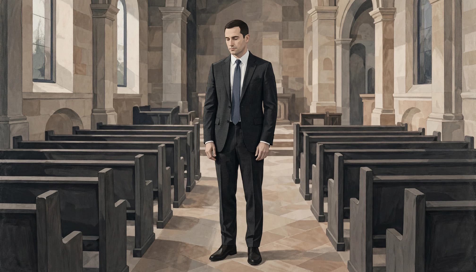 A man in a charcoal suit stands alone in a softly lit church aisle.