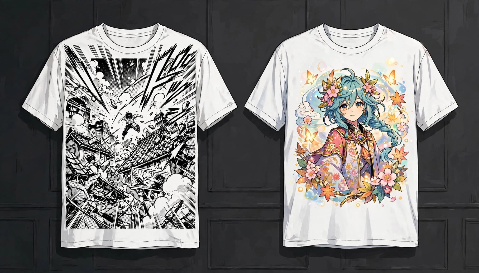 Two white t-shirts displayed side-by-side on a dark wall, one with a manga panel and the other with an anime illustration.