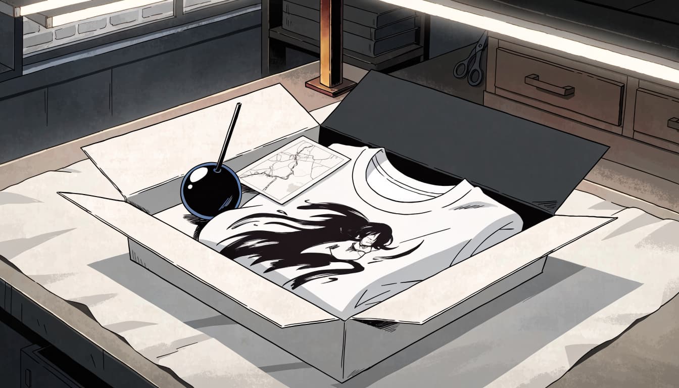 A neatly folded white t-shirt with manga art inside an open parcel on a workshop table.