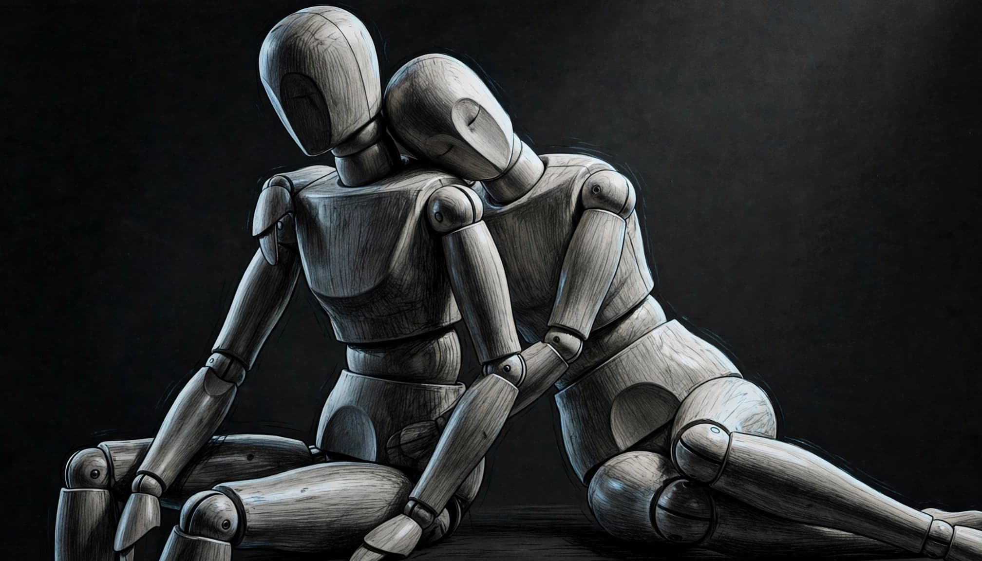 Two mannequins pose together, with one seated and the other resting their head on a shoulder.