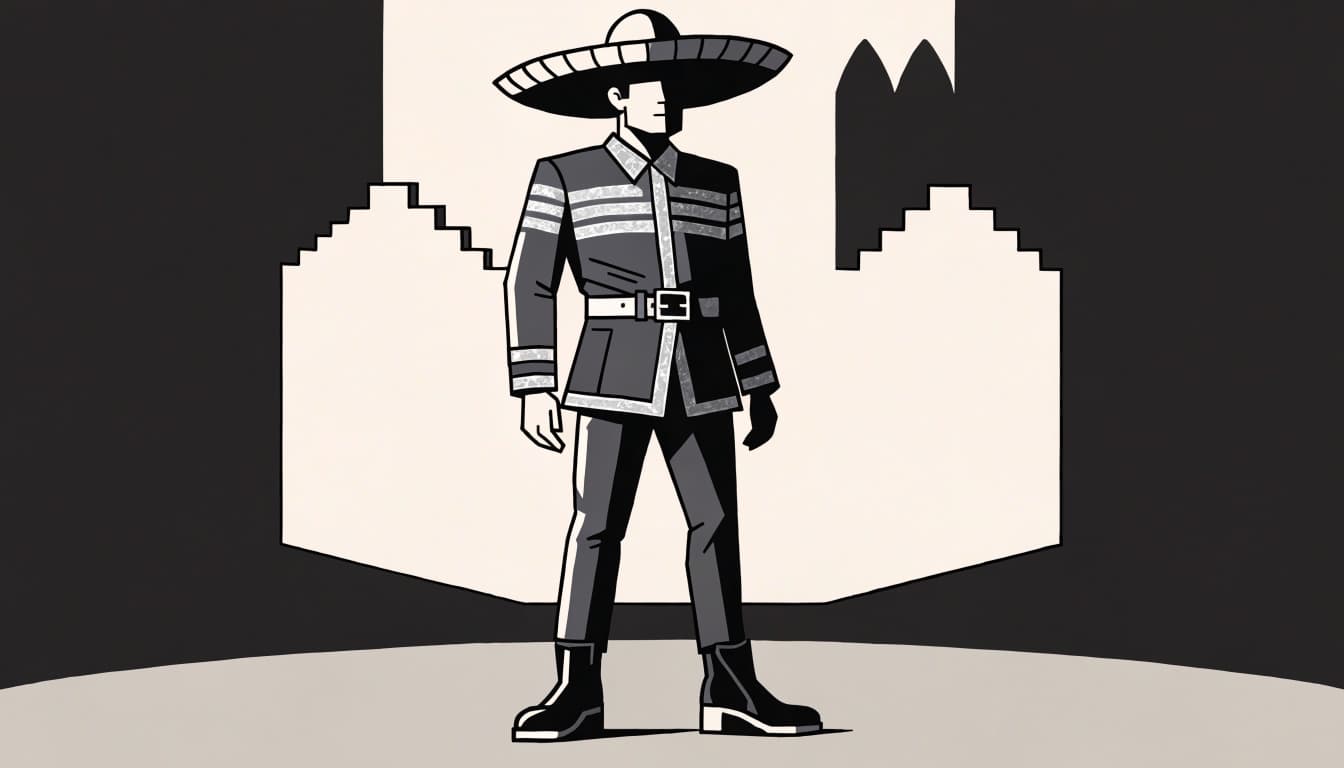 A mariachi performer in a dark charro suit and sombrero stands on a simple stage.