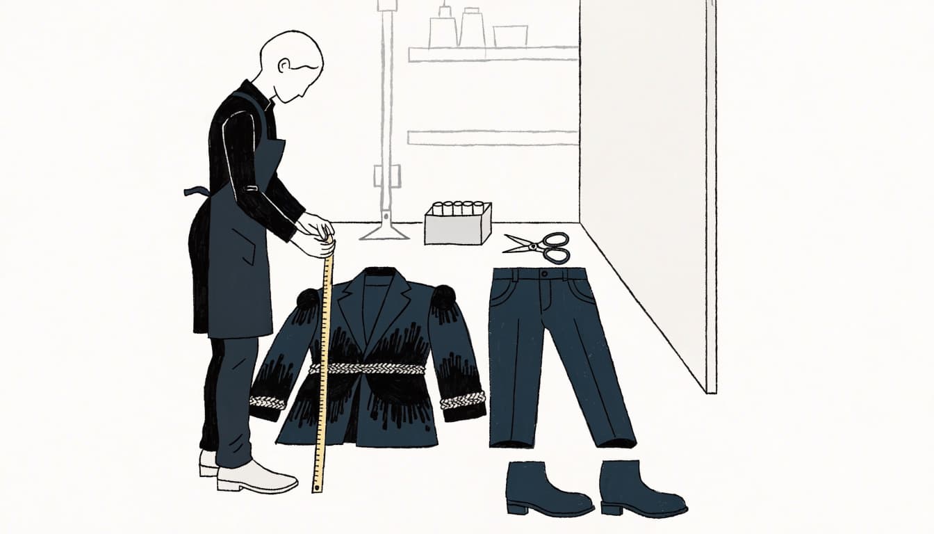 A tailor measures a mariachi jacket beside matching pants and boots.