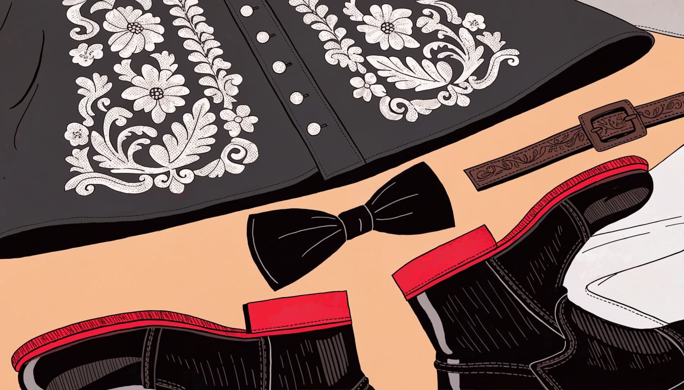 A decorated jacket, bow tie, belt, and boots arranged on a table.