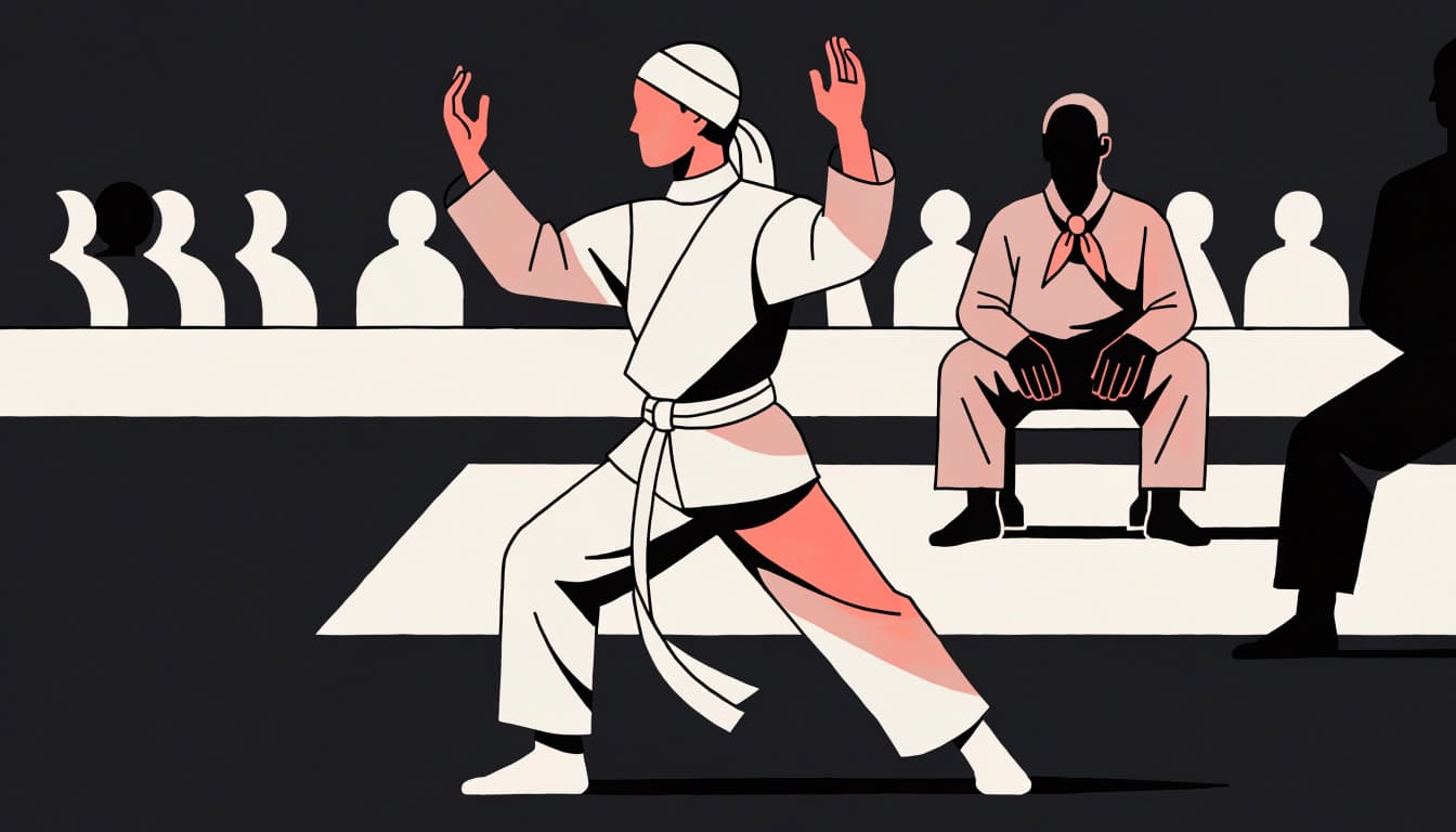 A martial artist performs a stance as a judge watches nearby.