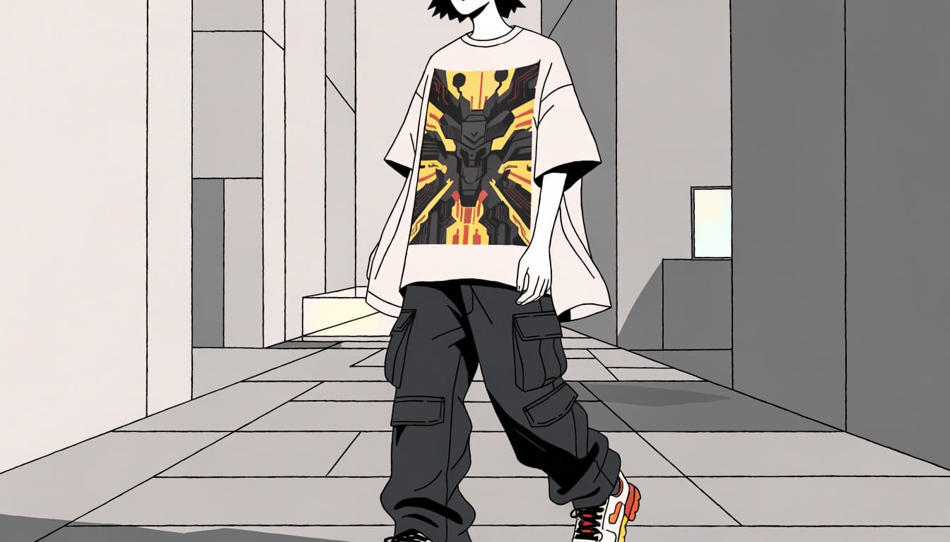 A person in a graphic tee, open overshirt, and dark cargo pants on a concrete walkway.