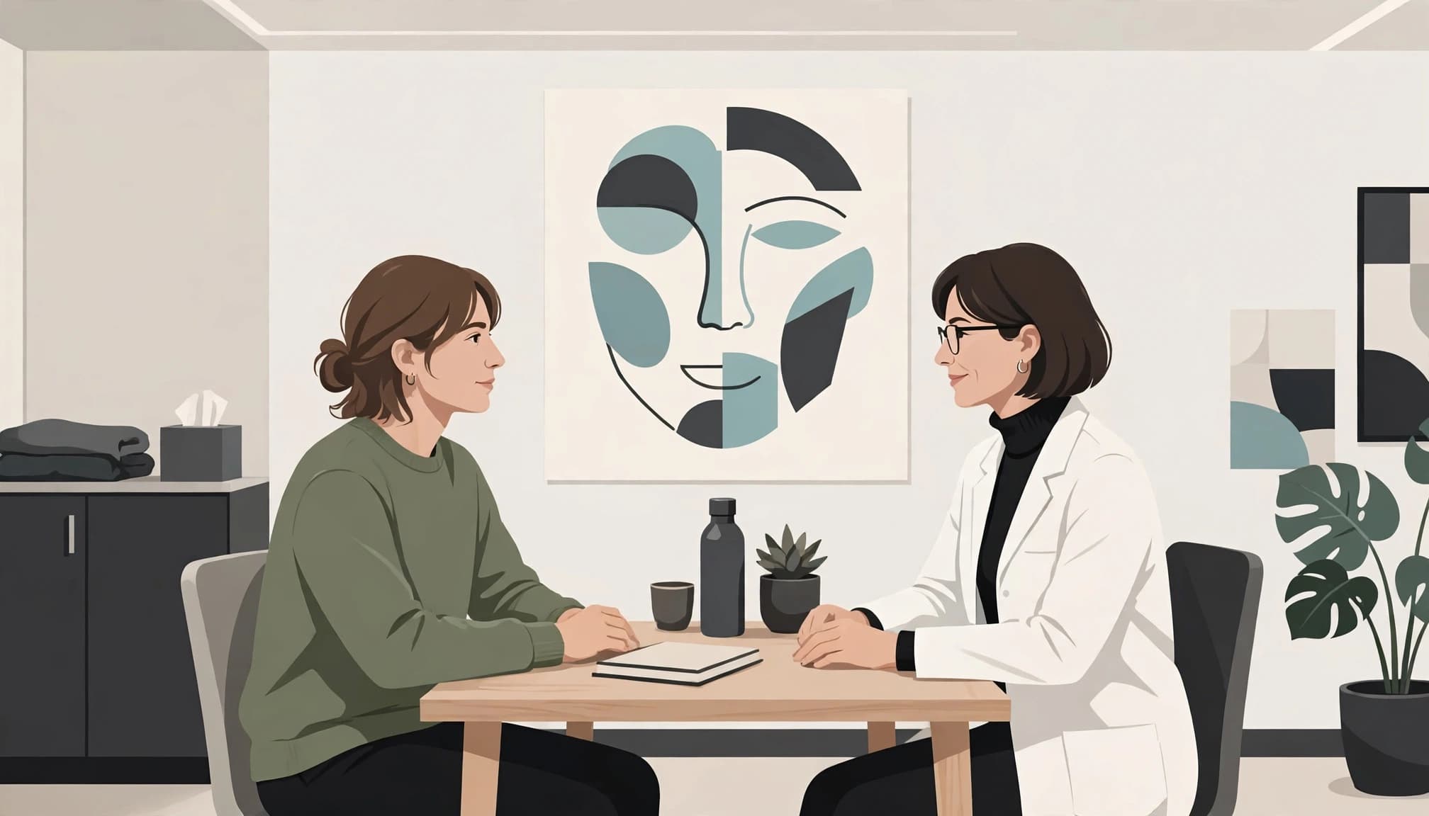 A patient consults with a medical injector beside an abstract facial anatomy chart.