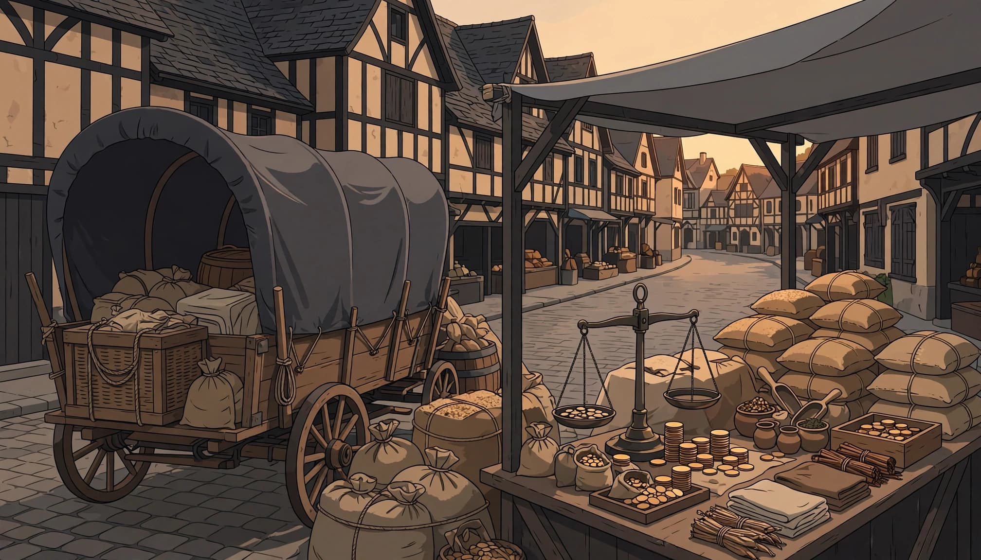 A covered wagon beside grain sacks, scales, and coins on a cobbled market lane.