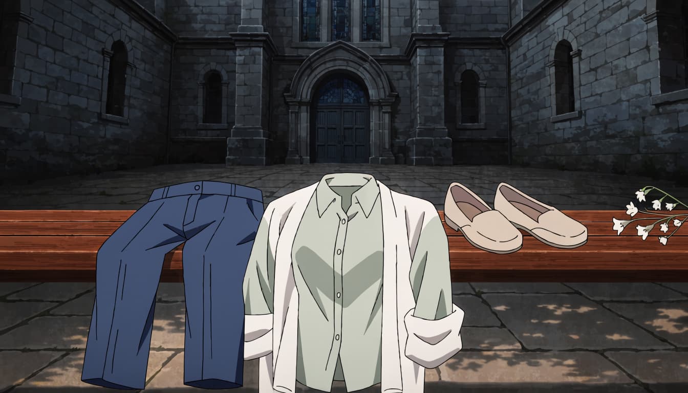 A sage blouse, navy trousers, cardigan, and flats arranged on a bench beside white flowers.