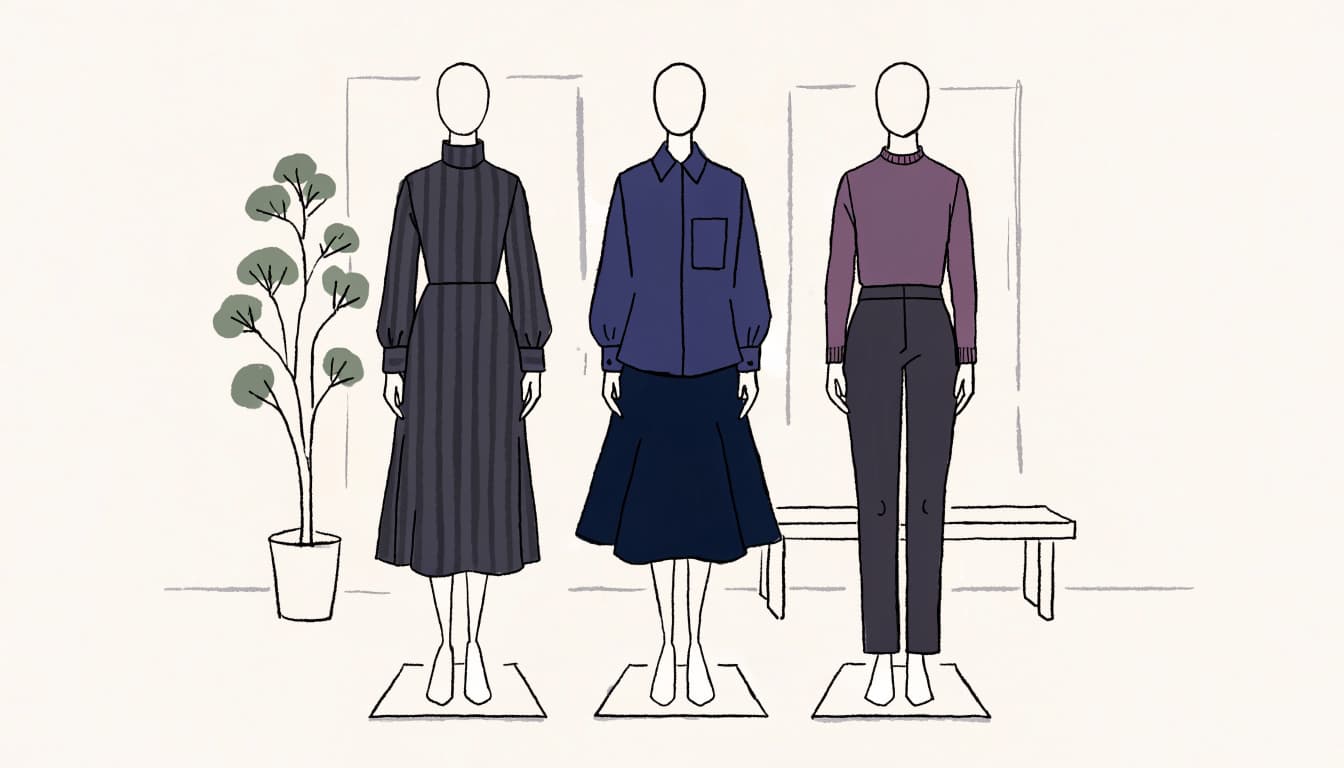 Three mannequins display modest outfits in a neutral dressing room with a bench and plant.