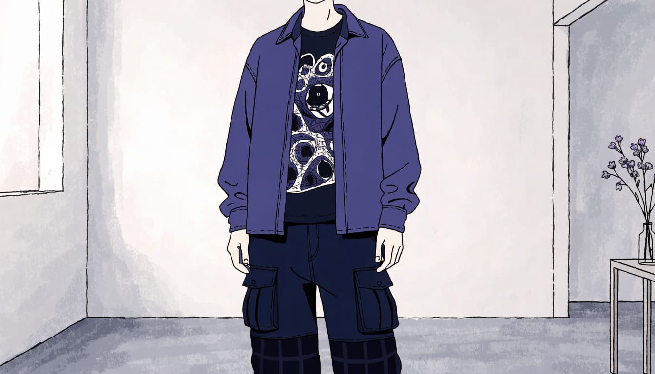 A mannequin in a dark graphic T-shirt, cargos, and overshirt stands beside flowers.
