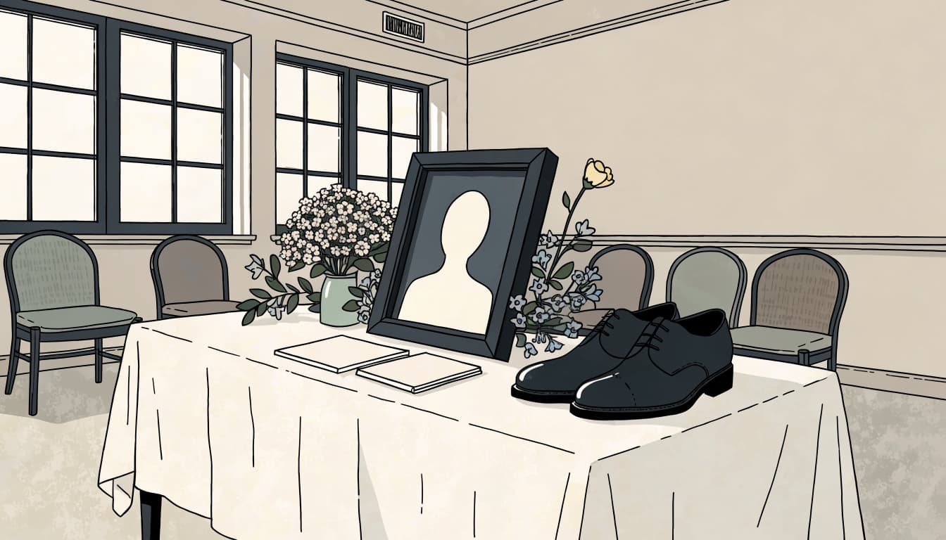 Flowers, blank cards, and dress shoes arranged on a memorial table.