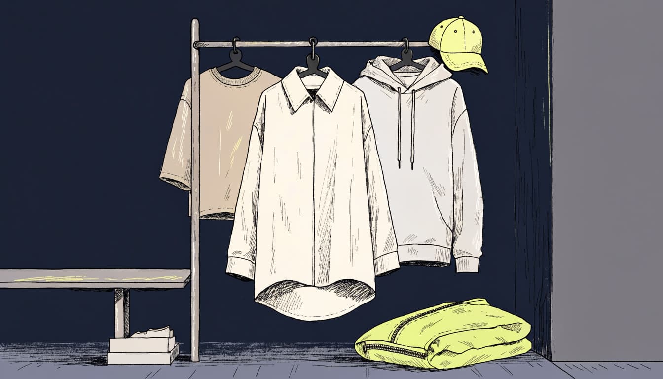 Four clothing layers hang neatly beside a bench against a dark wall.