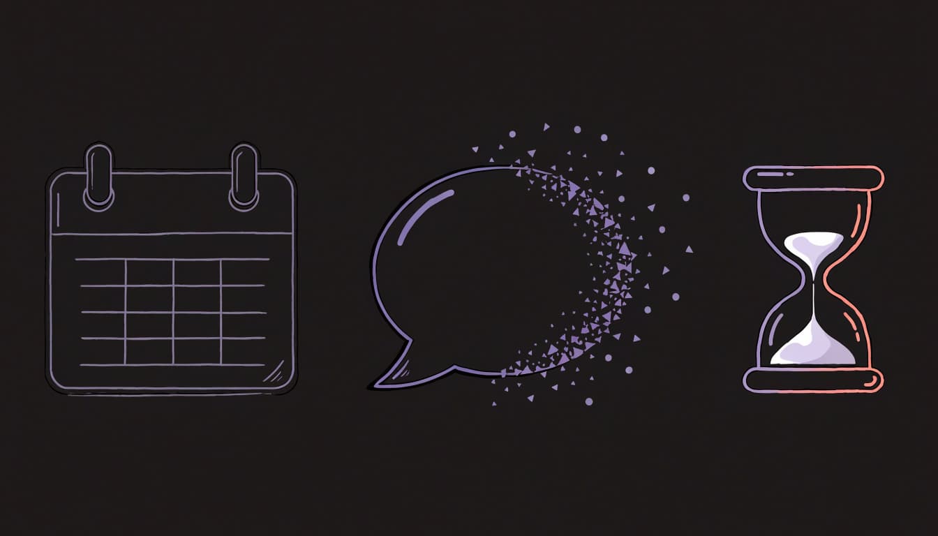 A calendar, fading message bubble, and hourglass sit together.