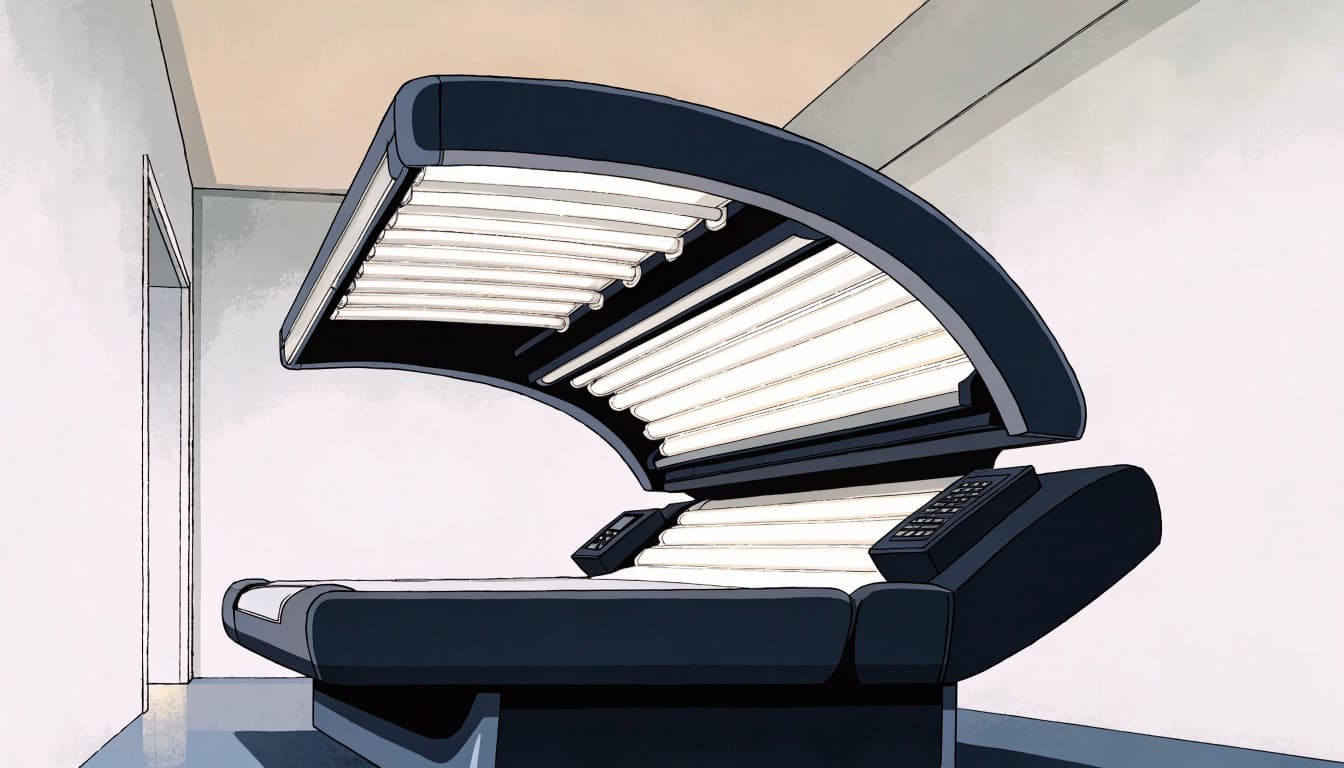 An open tanning bed with visible lamps in an empty salon room.