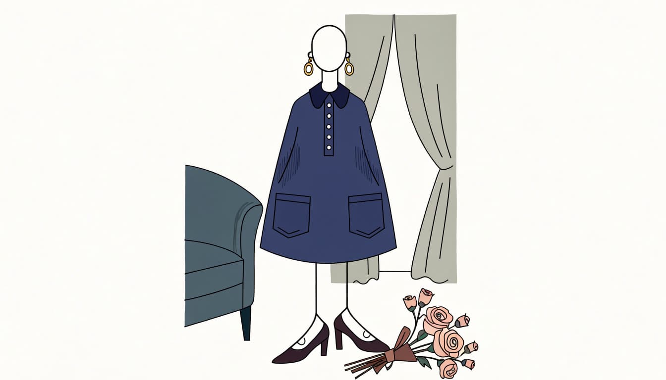 A dress form wears a simple dress with low heels and small jewelry beside a chair and bouquet.