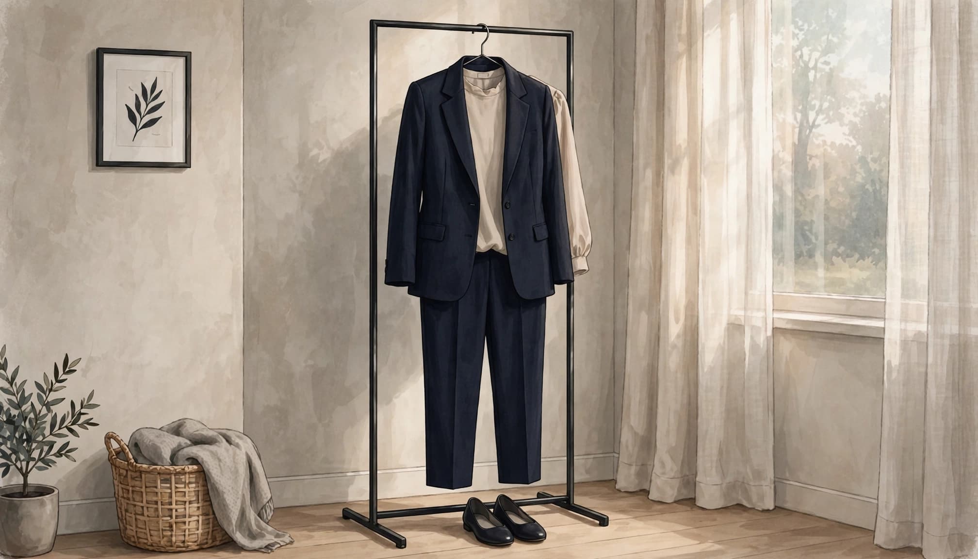 A navy pantsuit and blouse hang above a pair of low flats.