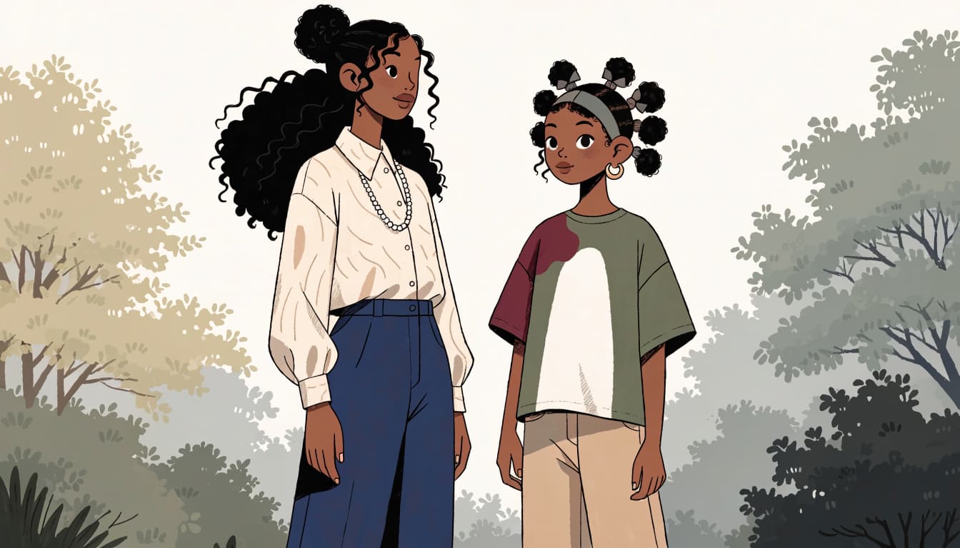 A mother and daughter stand together outdoors in coordinated earth-tone outfits.