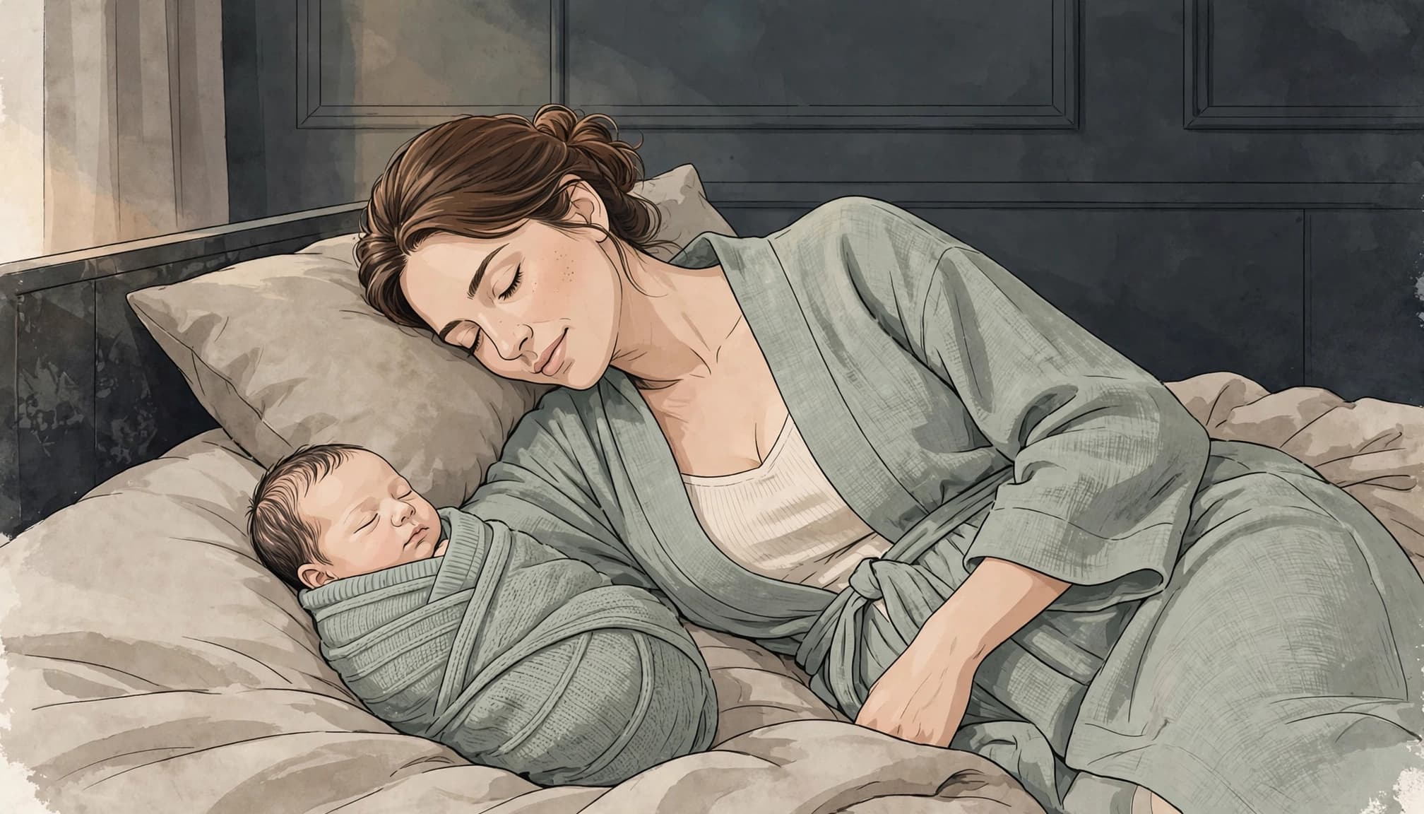 A mother in a soft robe rests beside a newborn wrapped in a matching blanket.
