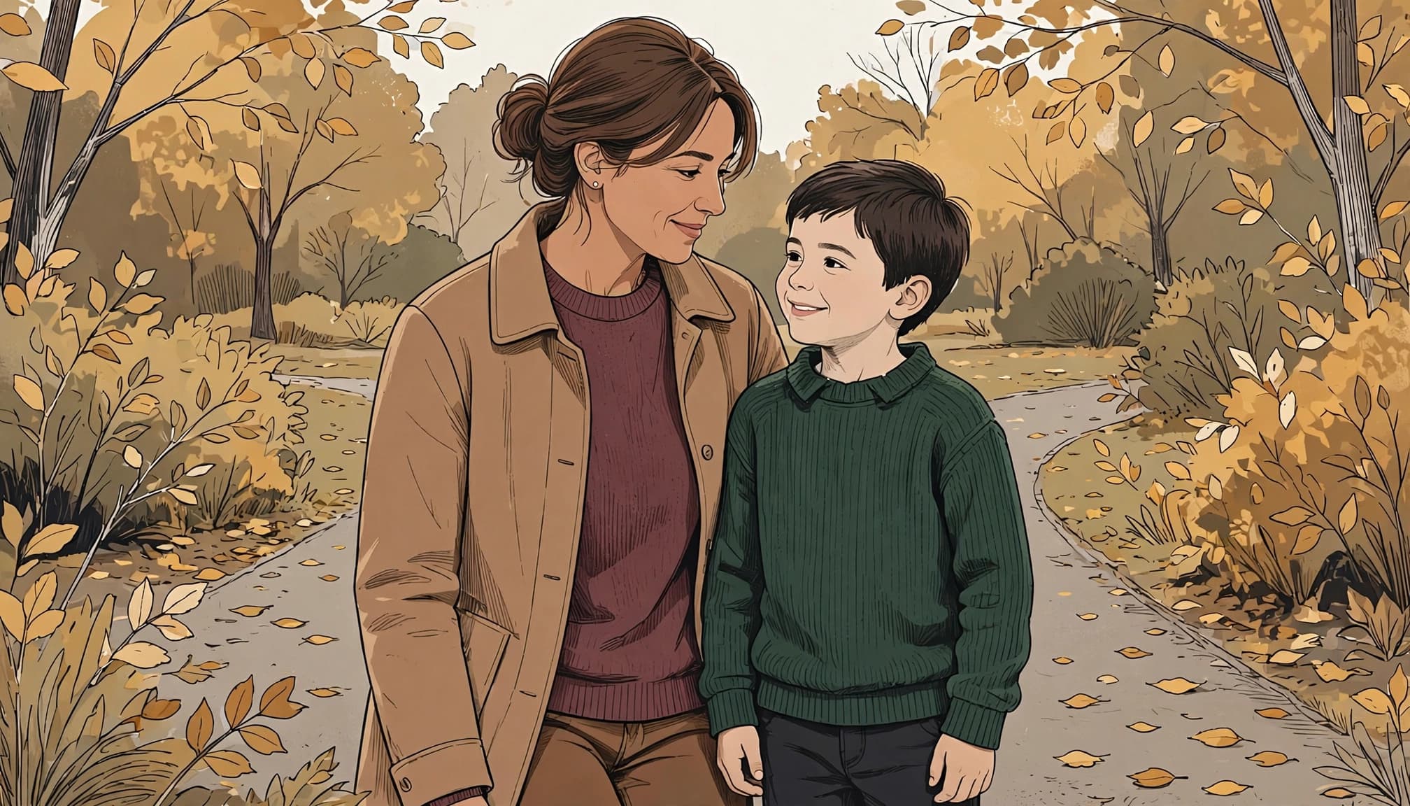 A mother and son in warm layers stand together on an autumn park path.