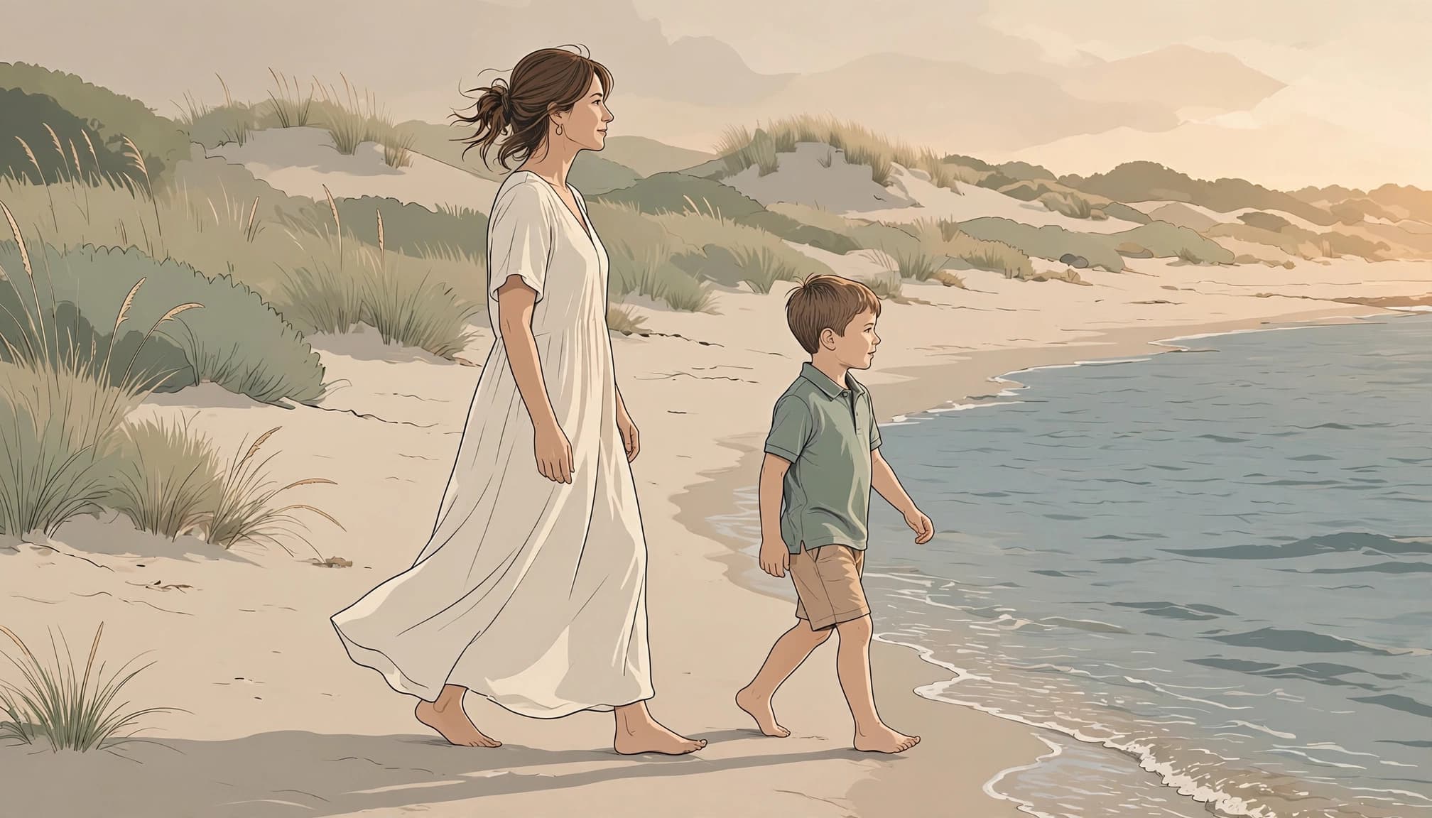 A mother and young son walk barefoot beside the water on a quiet beach.