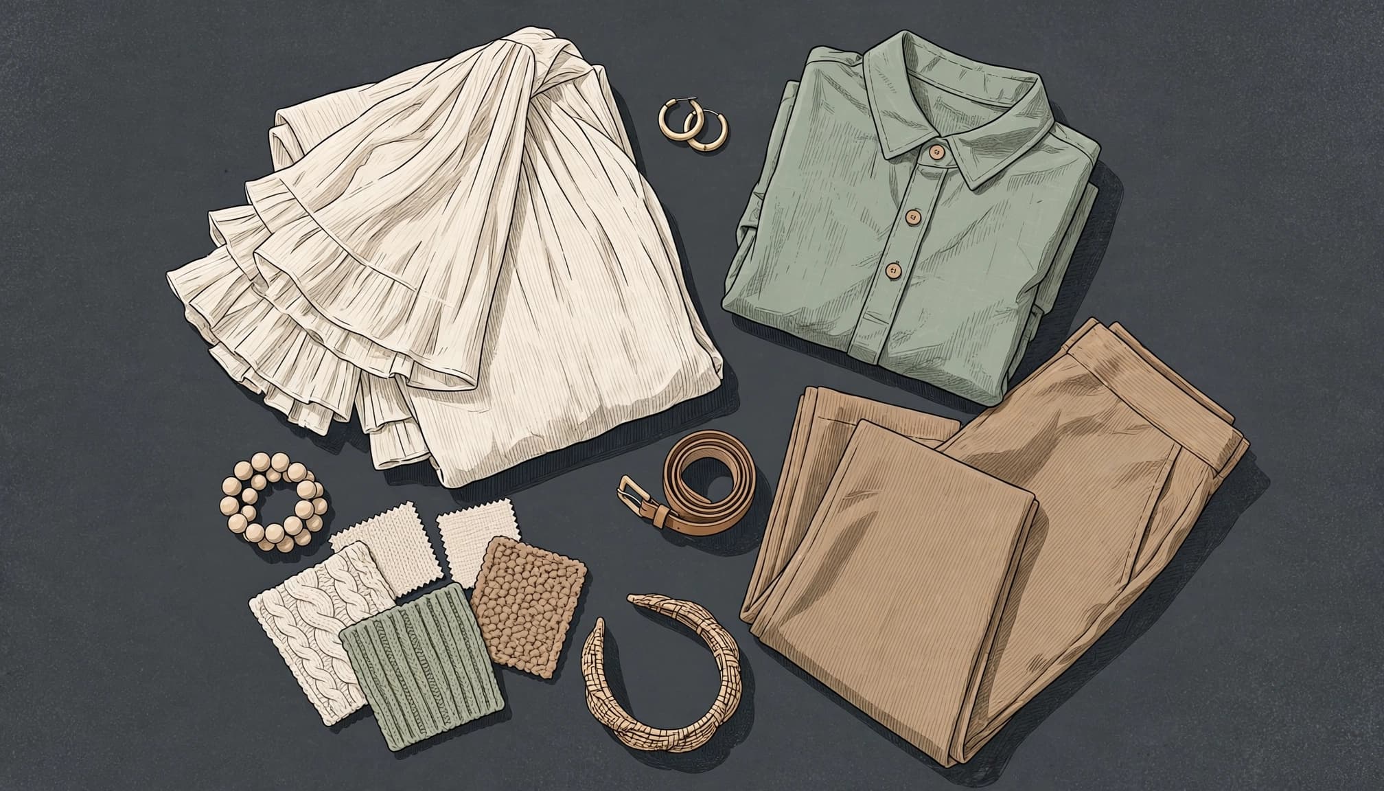 A cream dress, sage shirt, tan trousers, fabric swatches, and neutral accessories arranged on charcoal.