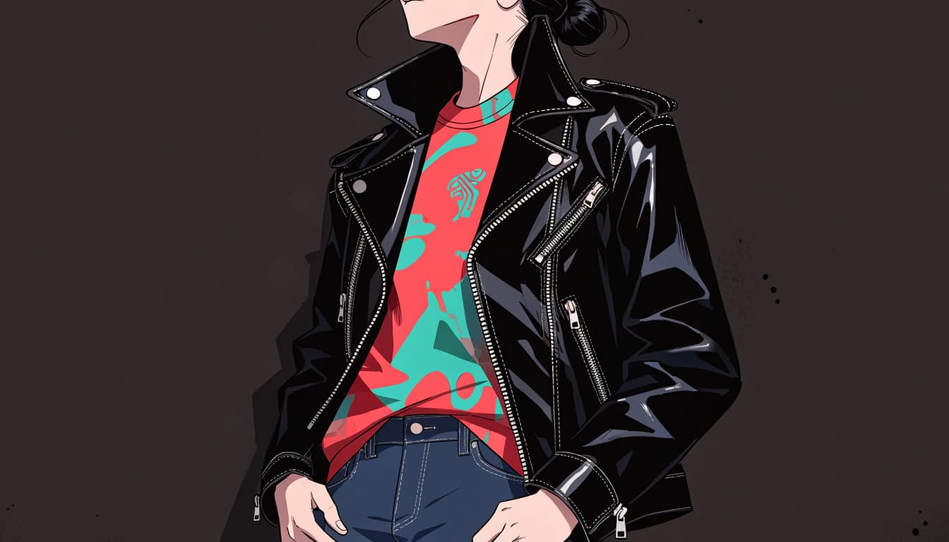 A person wears a black moto jacket over a colorful graphic tee.