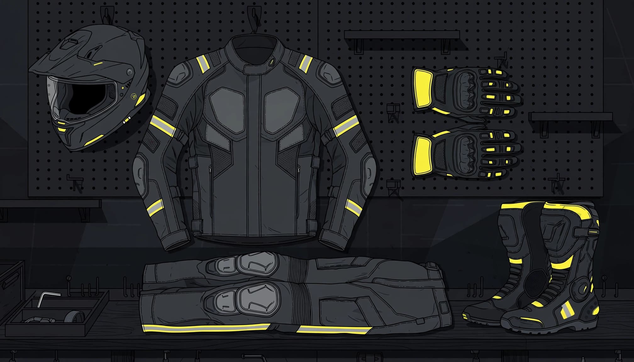 Motorcycle helmet, armored jacket, gloves, pants, and boots arranged in a garage.