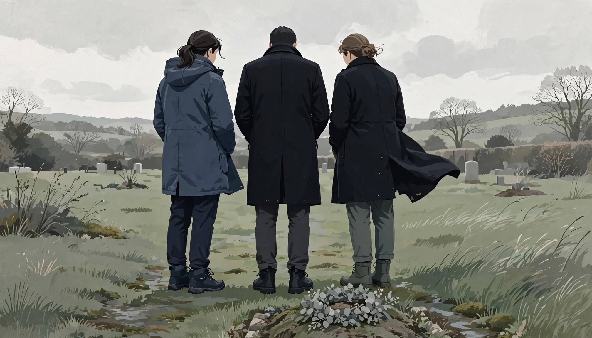 Three people in dark coats stand at a graveside on a cloudy day.