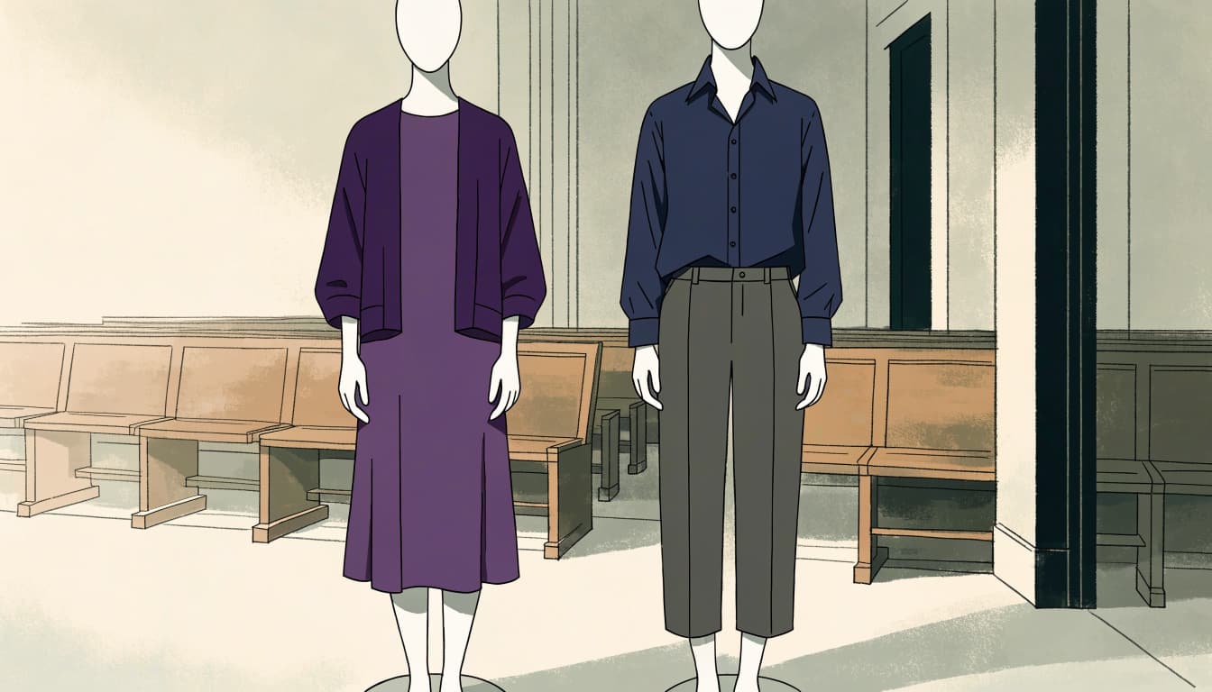 Two mannequins display a purple dress and cardigan beside gray trousers and a navy shirt.