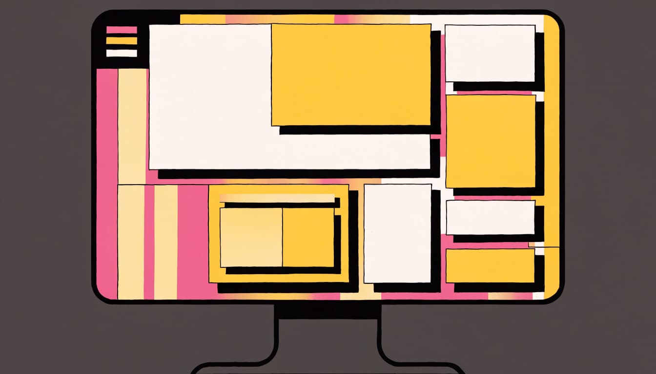 A monitor displays bold color panels and geometric icons with thick black outlines.