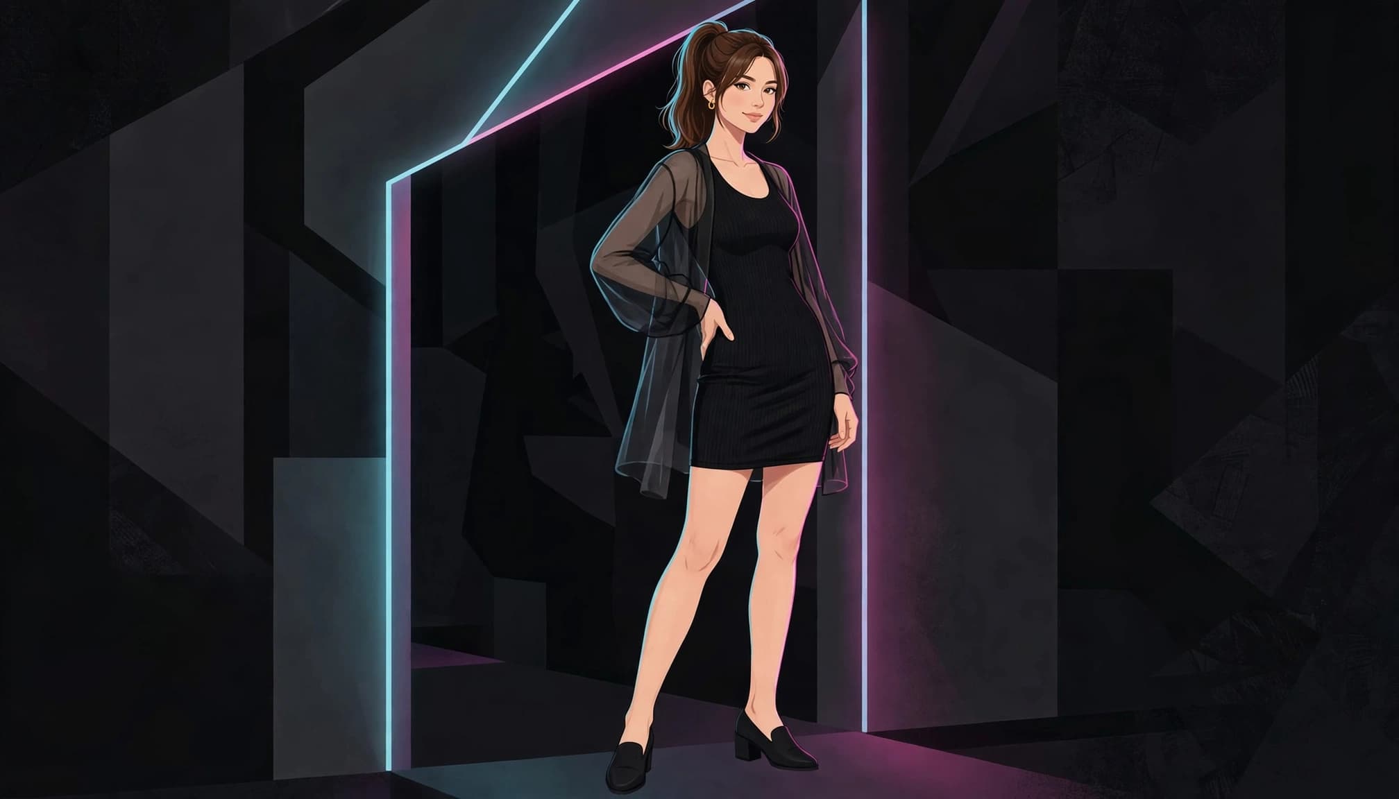 A woman in a mini dress and low heels poses against a dark club entrance.