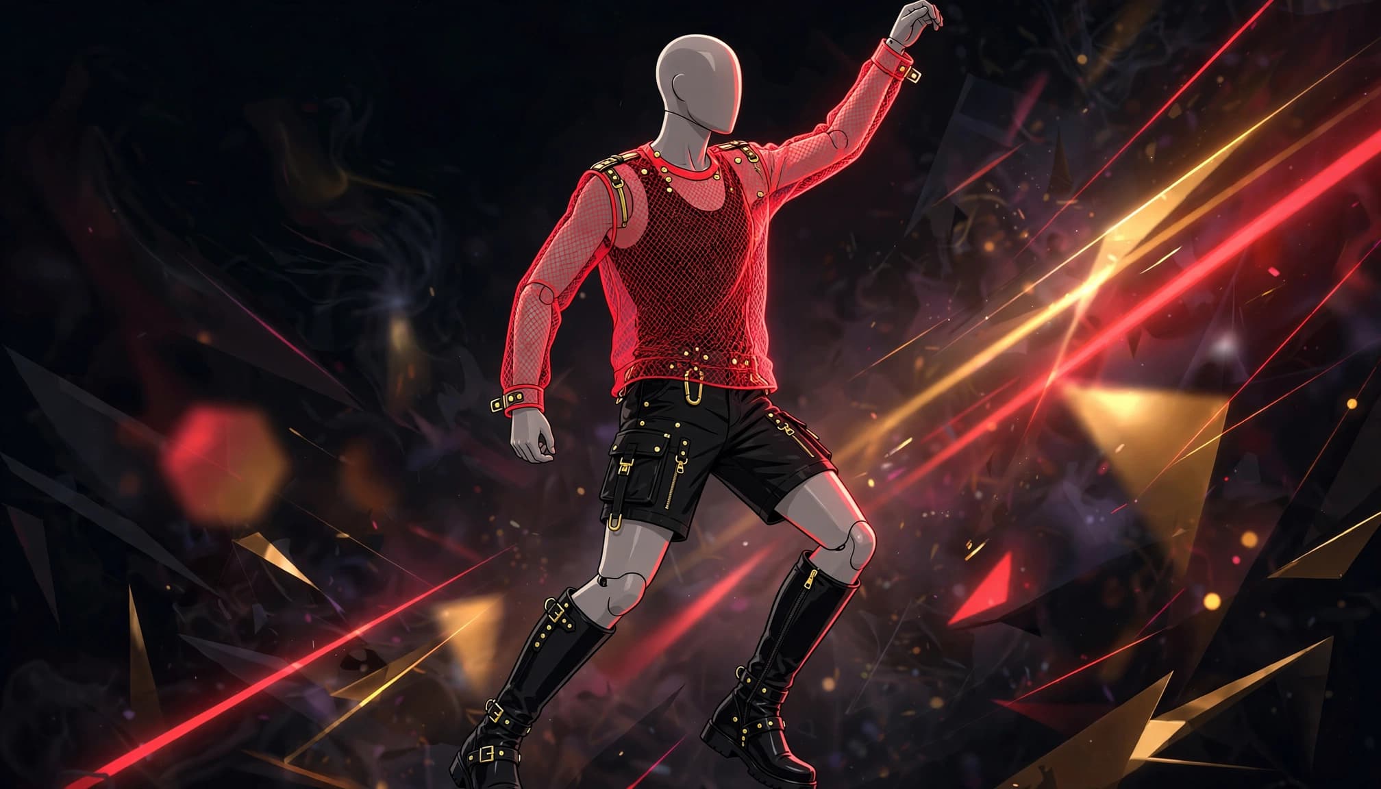 Mannequin in a neon red layer, black outfit, boots, and gold details under concert lights.