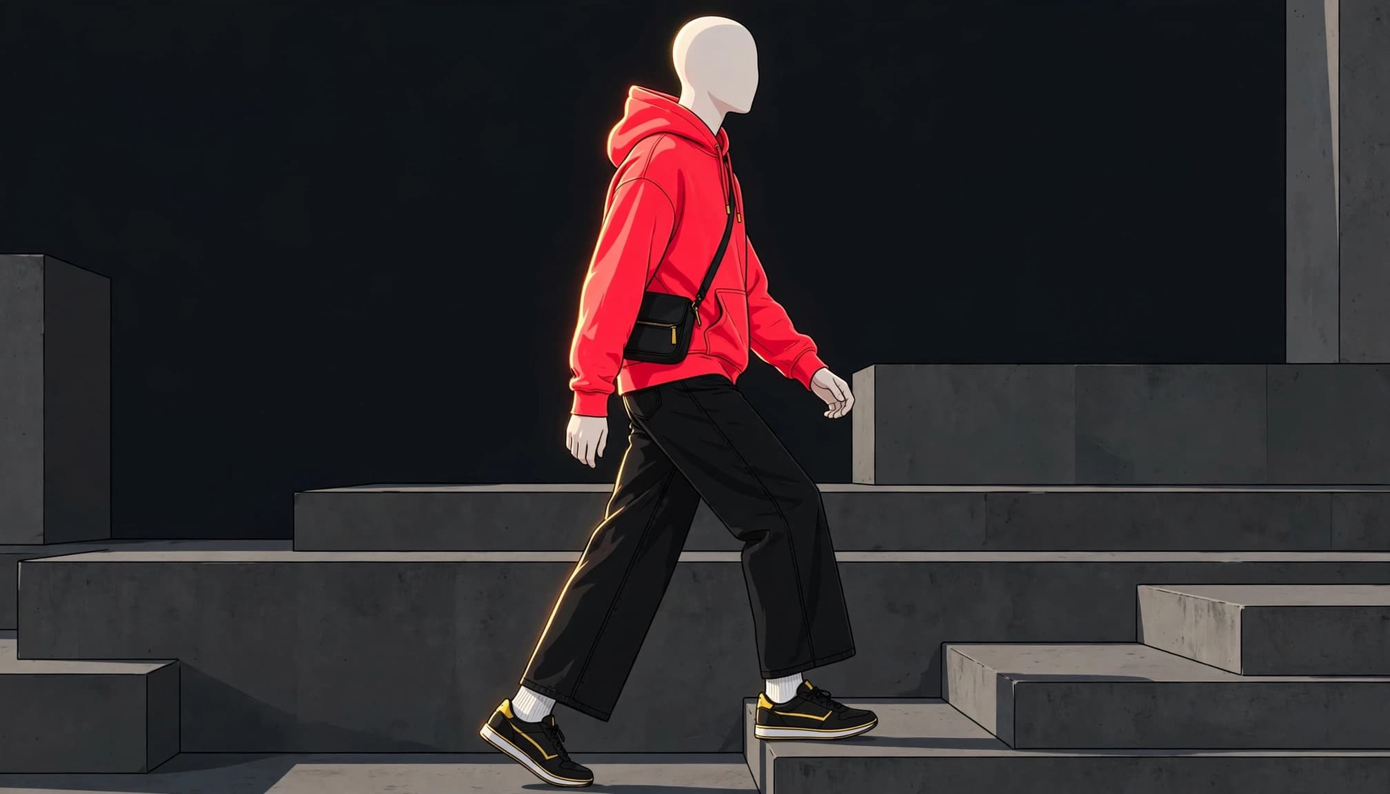 A mannequin walks in a red hoodie, black jeans, and gold-accent sneakers.