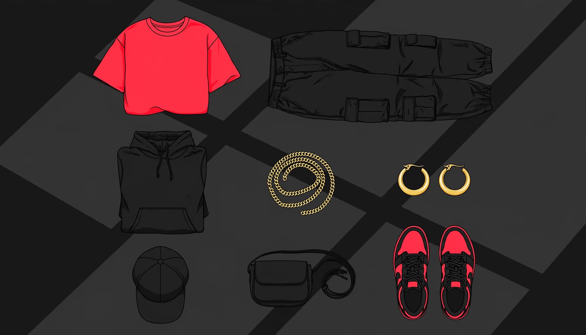 Neatly arranged neon red and black streetwear with gold accessories on a dark surface.