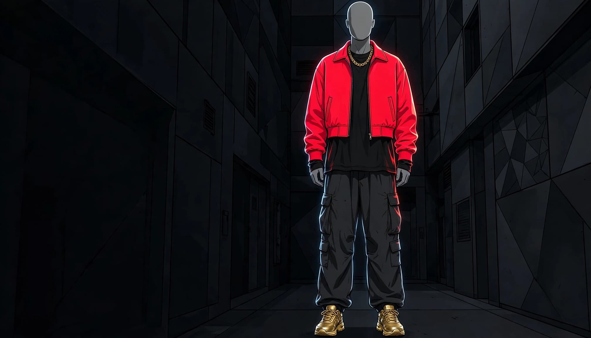 A mannequin wears a neon red jacket, black shirt, charcoal cargo pants, and gold accents.