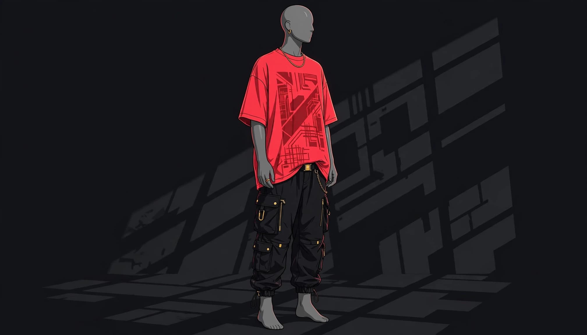 Mannequin in a neon red oversized shirt, black cargo trousers, and gold accessories.