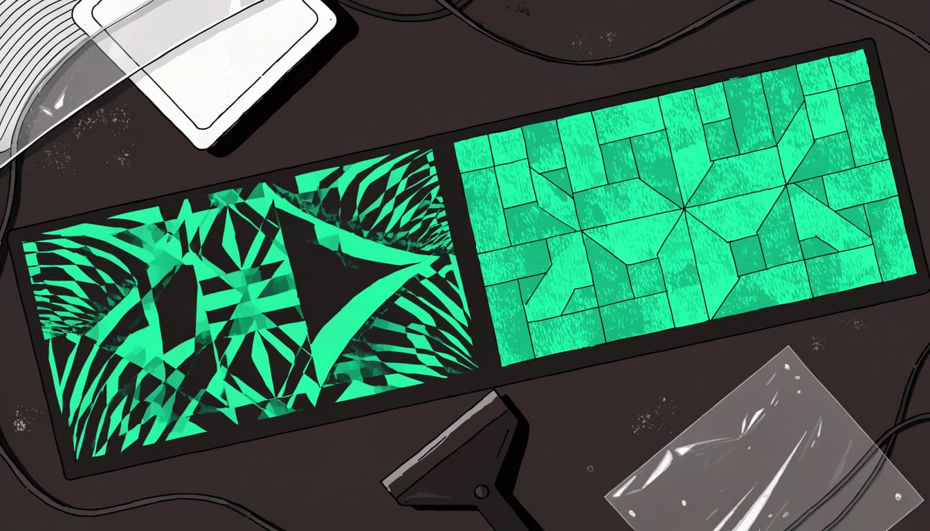 Two black shirt panels show different green prints beside neatly placed studio tools.