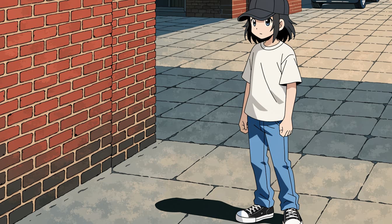 A young adult in a cap, tee, jeans, and sneakers stands beside a brick wall.