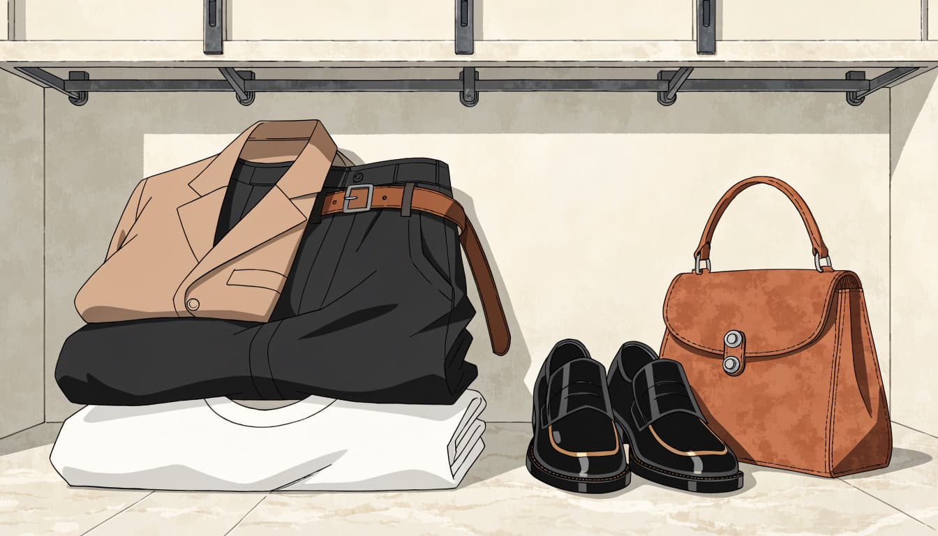 Black trousers styled with a white tee, beige blazer, loafers, belt, and brown bag.
